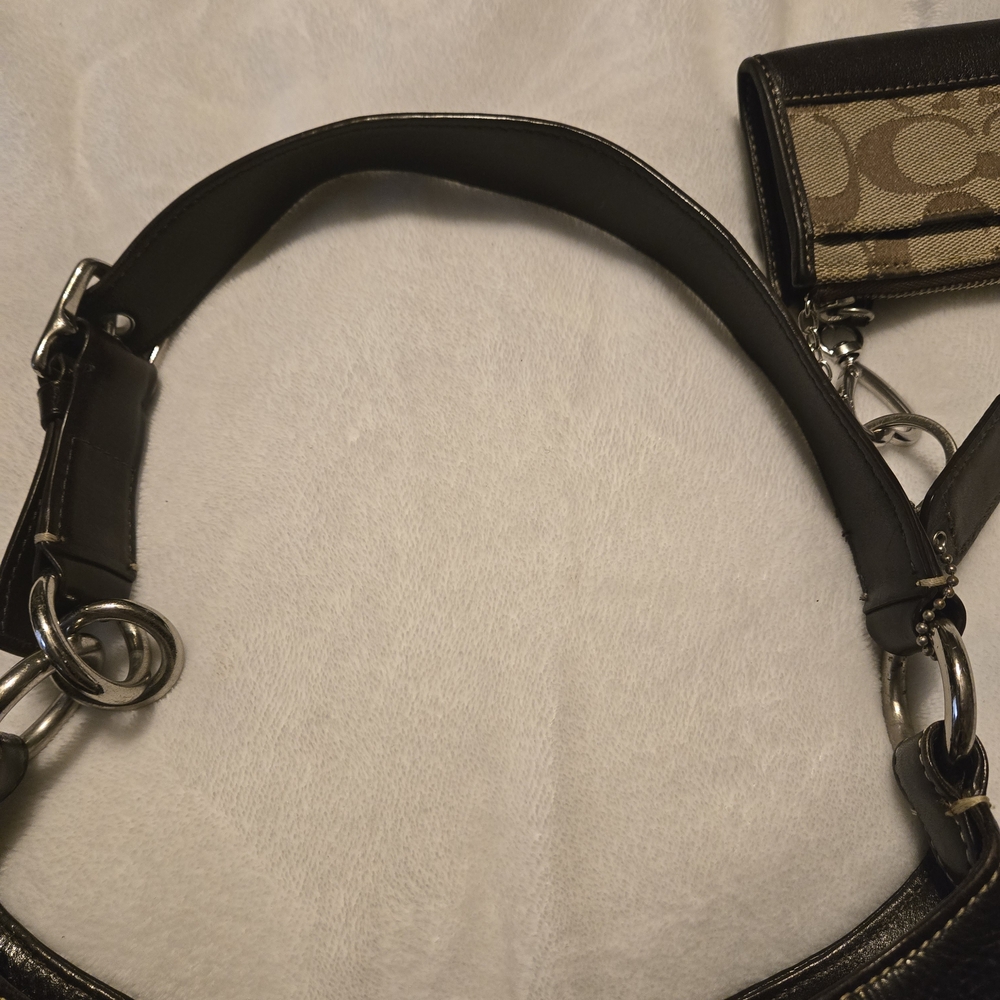 Coach Brown Signature Shoulder Bag With Leather Trim And Matching Card Holder - Picture 8 of 14